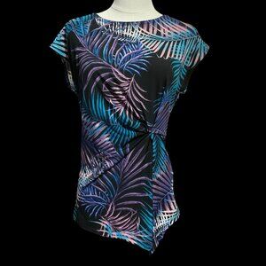 Black/Purple/Blue Foliage Print Faux Wrap Top w/ Asymmetrical Hem